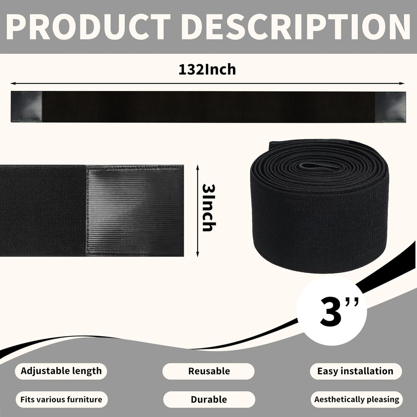 Under Couch Blocker, 3''×132'' Adjustable Elastic Couch blockers for Pets and Kids Toys, Suitable for Multiple Types of Furniture Legs