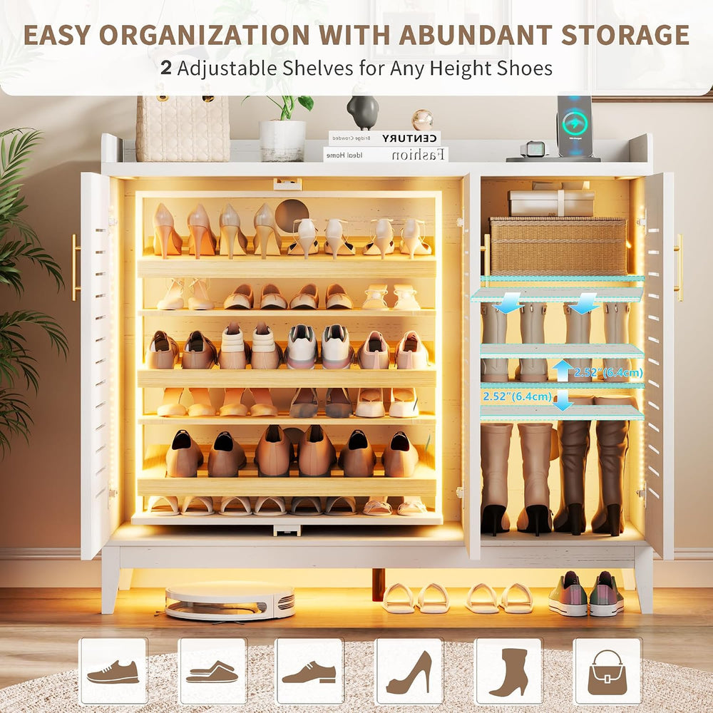 Vlsrka Rotating Shoe Storage Cabinet with Slatted Doors and Lights, White