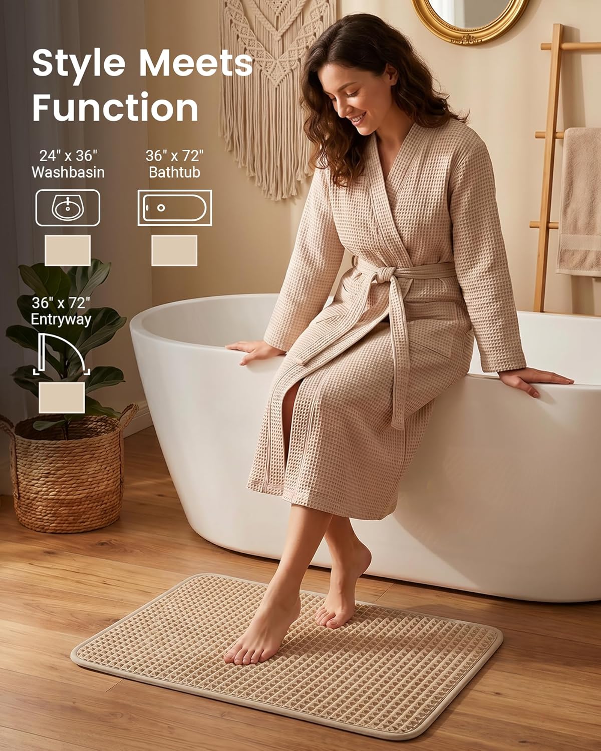 Furicher Upgraded Non Slip Waffle Bath Mat, Super Absorbent Bathroom Rugs, 20x30 inch Boho Decor Kitchen Rug, Soft & Machine Washable Bathroom Floor Mat for Tub, Sink, Vanity, Entryway (Brown)