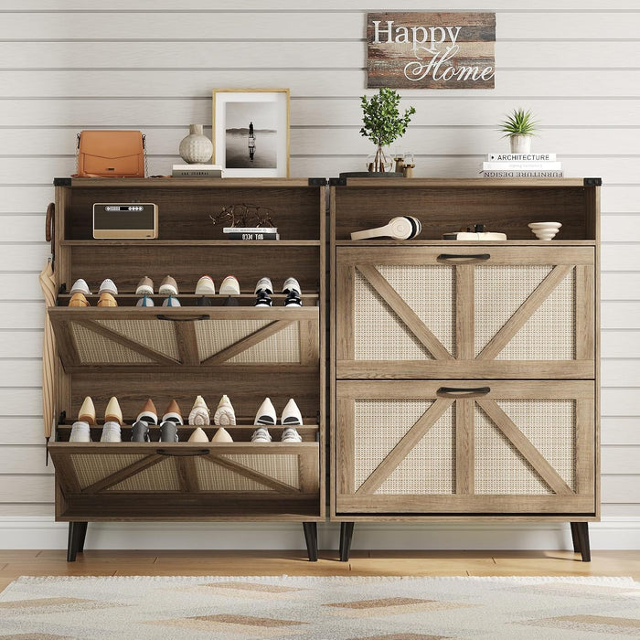 Vabches Shoe Storage Cabinet with 2 Flip Drawers,Freestanding Narrow Shoe Organizer with Open Storage,Hidden Slim Shoe Rack Cabinet for Entryway,Rustic Oak Rattan (2 Pack)