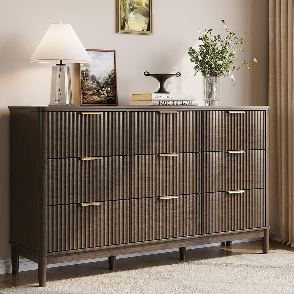 LINSY Fluted 9 Drawer Dresser for Bedroom, 58" Wide Mid-Century Modern T...