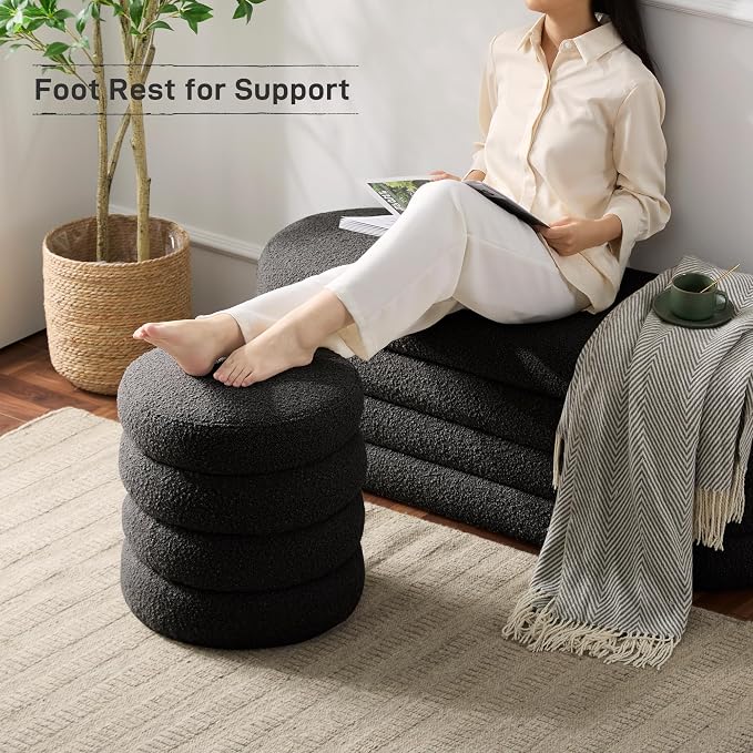 Round Ottoman with Storage Boucle Ottoman Stool with Storage Removable Lid - Image 2