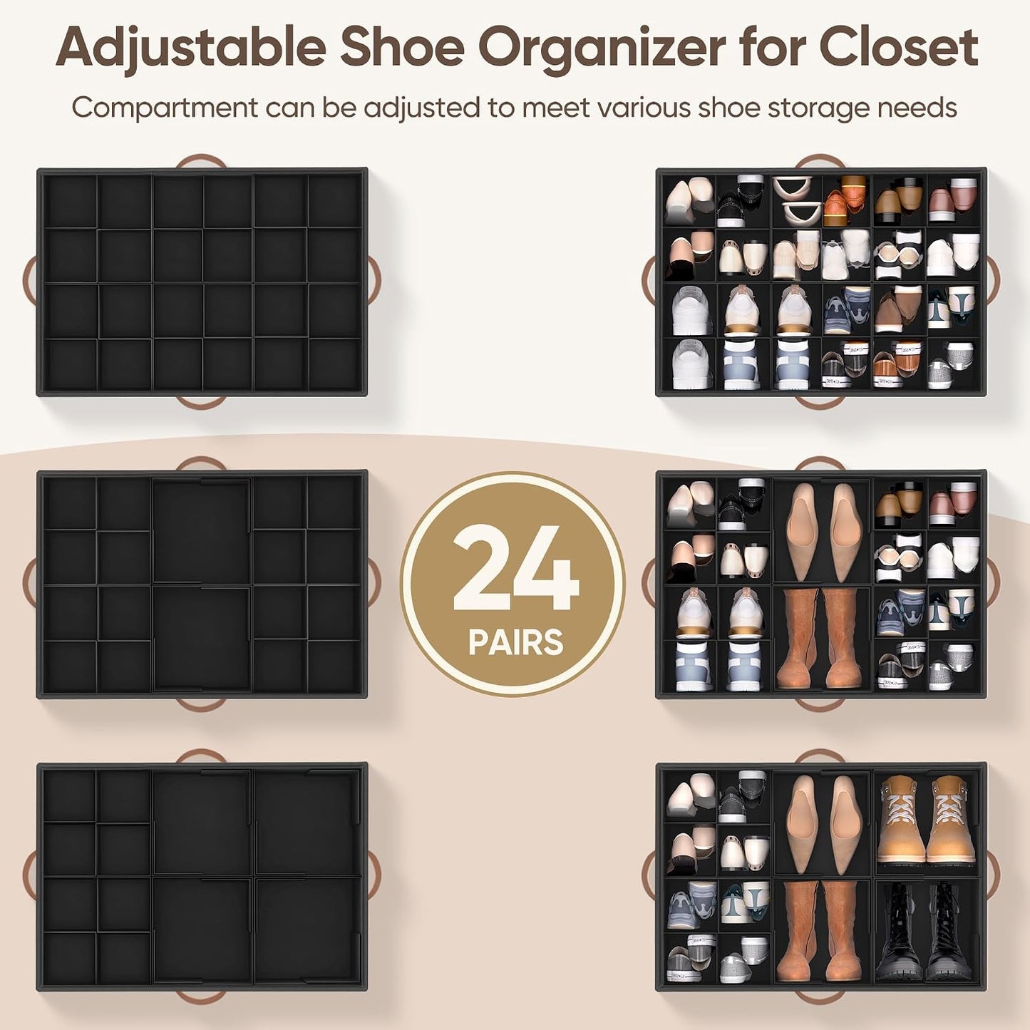Shoe Organizer for Closet, Adjustable Storage Box Holds 24 Pairs | Black,Foldable,Adjustable Dividers,Clear Lid,Reinforced 4 Handles,Fits Sneakers, Boots & Heels, For Closet,Entryway,Bedroom