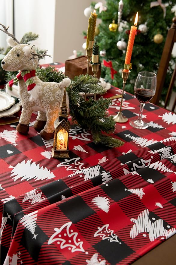 Red Waterproof Plaid Christmas Tree Tablecloth Fabric - Image 7