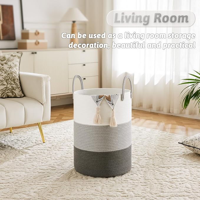 Laundry Basket, Woven Cotton Rope Laundry Hamper, 80L - Image 5