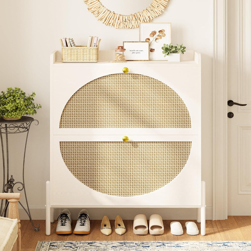 IRONCK Rattan Shoe Cabinet Storage with 2 Flip Drawers, White