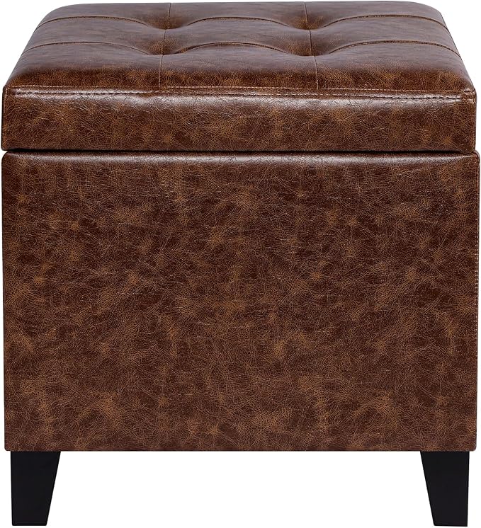 Adeco 18" Storage Ottoman Foot Rest Stool, Walnut Leather Ottoman by Adeco