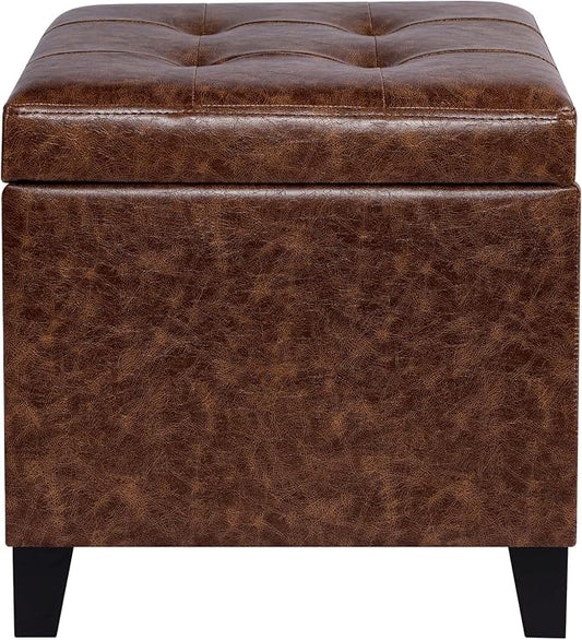 Adeco 18" Storage Ottoman Foot Rest Stool, Walnut Leather Ottoman by Adeco