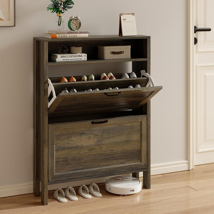 LOUVIXA Shoe Cabinet with 2 Flip Drawers, Narrow Shoe Storage Cabinet, Freestanding Shoe Cabinet Organizer, Hidden Shoe Rack Cabinet for Entryway, Hallway (2-Drawers, Brown/2-drawers)