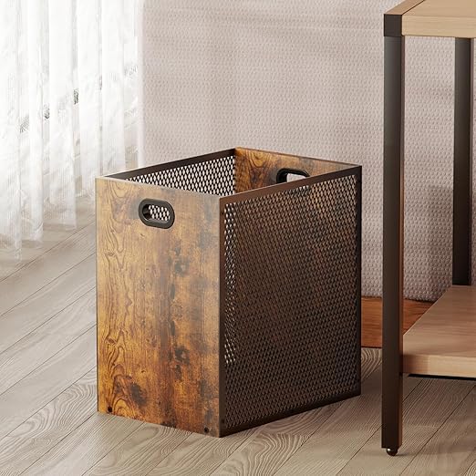 Retro Office Trash Can, Iron and Wood Combination Bedroom Garbage Can, - Image 7