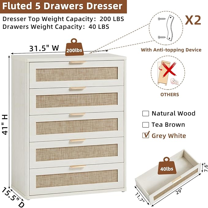 LEYAOYAO White Dresser for Bedroom, Modern 5 Drawers Boho Rattan Dressers - Image 3