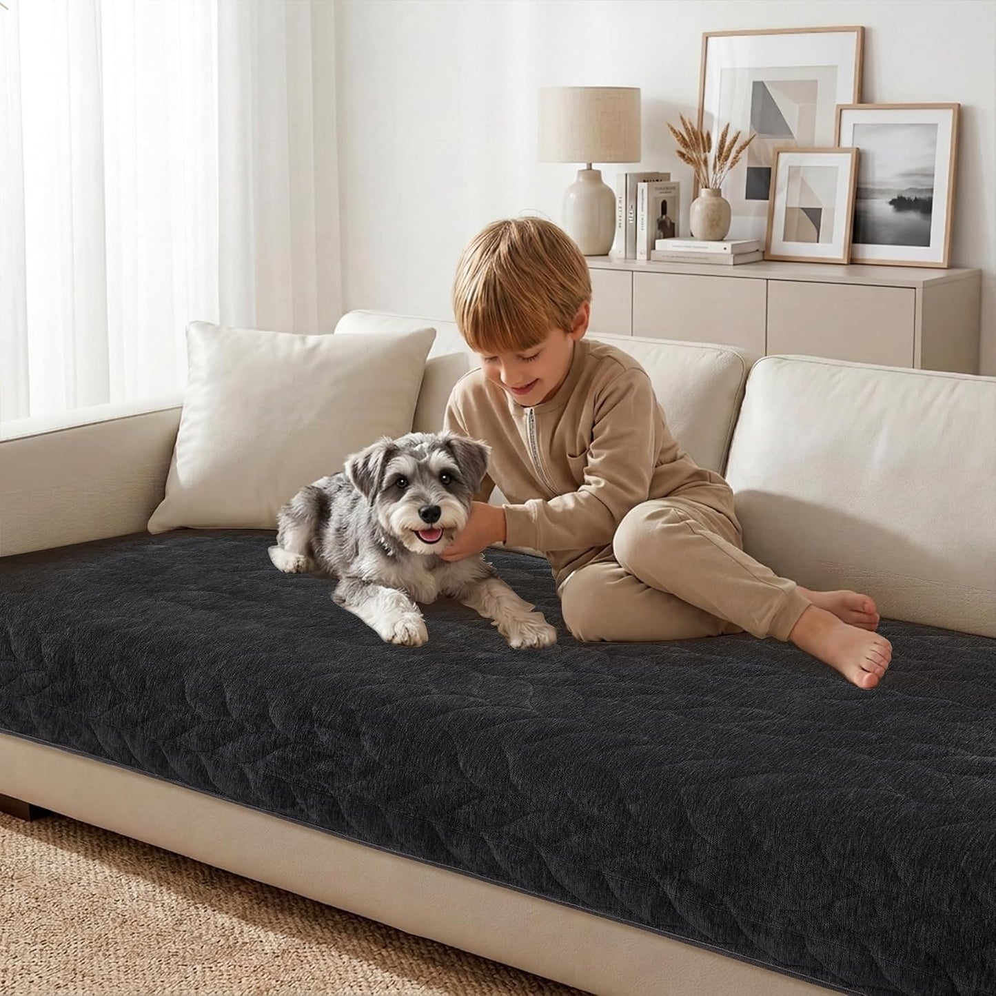 JIUZHEN Couch Cover for Dogs Chenille Quilted Couch Covers for Pets Washable Sofa Protector for 3 Cushion Cover Non Slip Sofa Slipcover with Straps(34" x 74", Black)