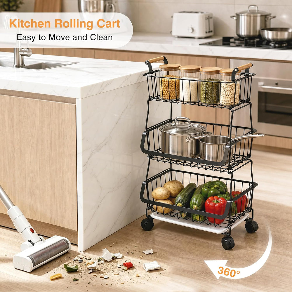 VECELO 3-Tier Fruit Basket with Wheels, Fruit and Vegetable Storage Cart for ...
