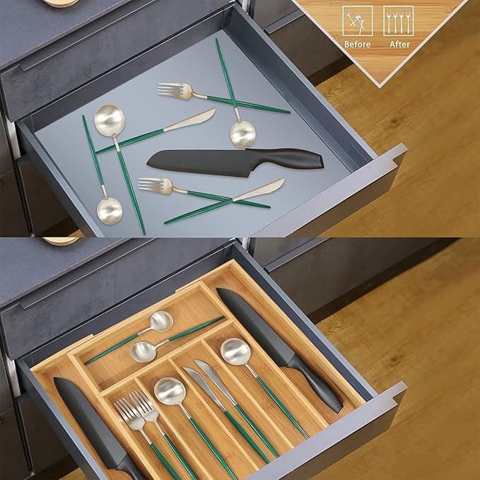 VaeFae Bamboo Drawer Organizer, Expandable Silverware Drawer Organizer - Image 5