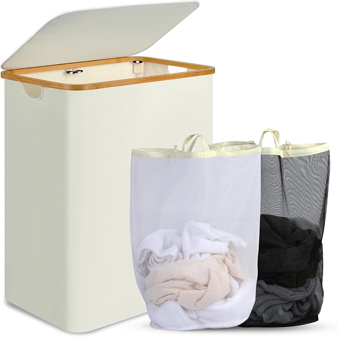 efluky Laundry Hamper with Lid, 160L Tall Laundry Basket with Bamboo Handles by efluky