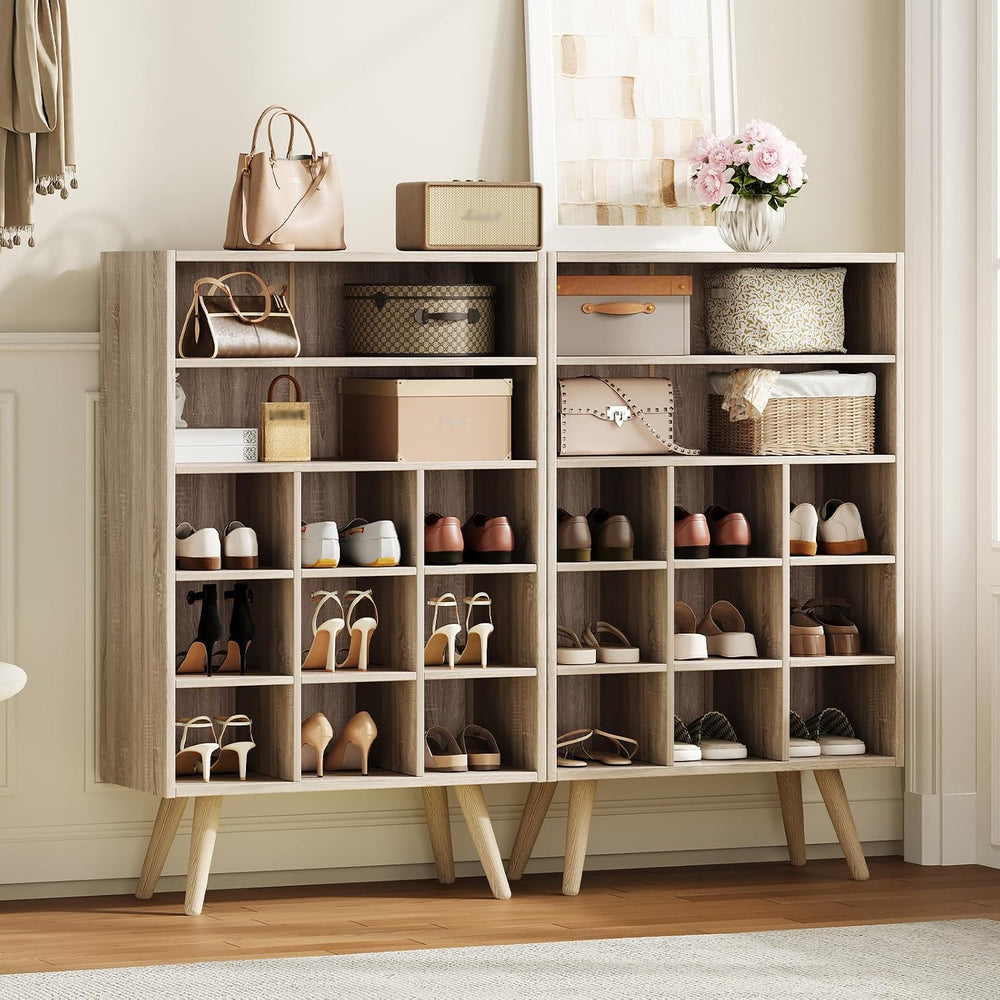5 Tiers Wood Shoe Rack with Legs, Stackable Shoe Cubby with 2 Storage Shelves...