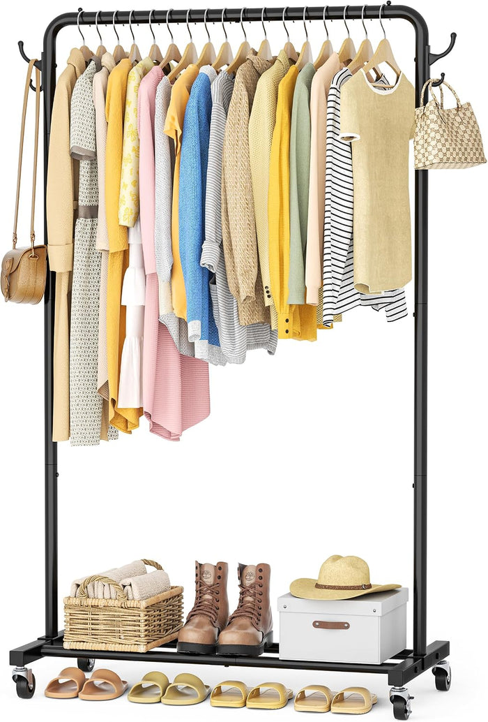 HOMIDEC Clothes Rail, 4 Side Hooks, Storage Shelf and Wheels, Metal, Black