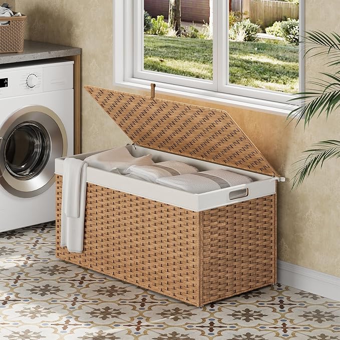 HOOBRO Storage Basket with Lid, 52.8 Gallon Wicker Basket, Handwoven Blanket - Image 3