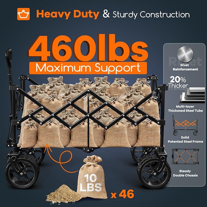 220L Collapsible Wagon Cart Foldable, 460lbs Load Capacity Heavy Duty Folding - Image 3