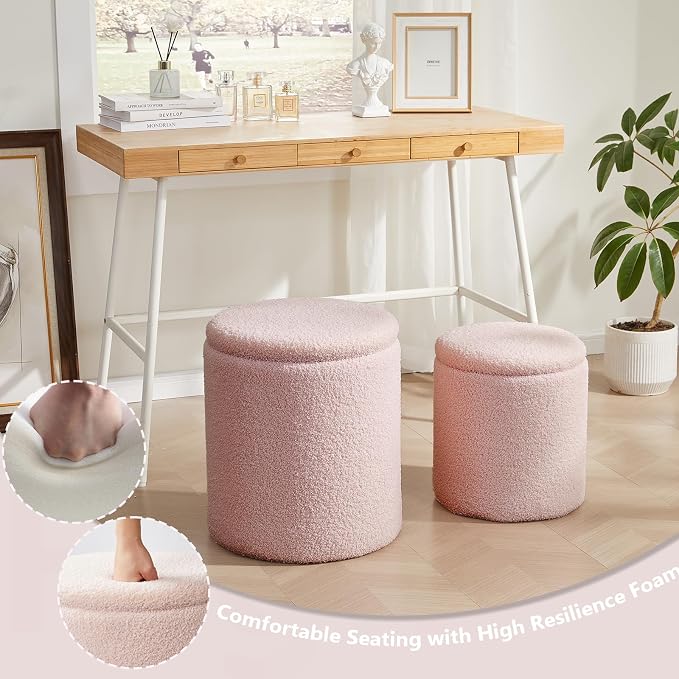 Boucle Round Ottoman with Storage Set of 2, Small Foot Stool Ottoman