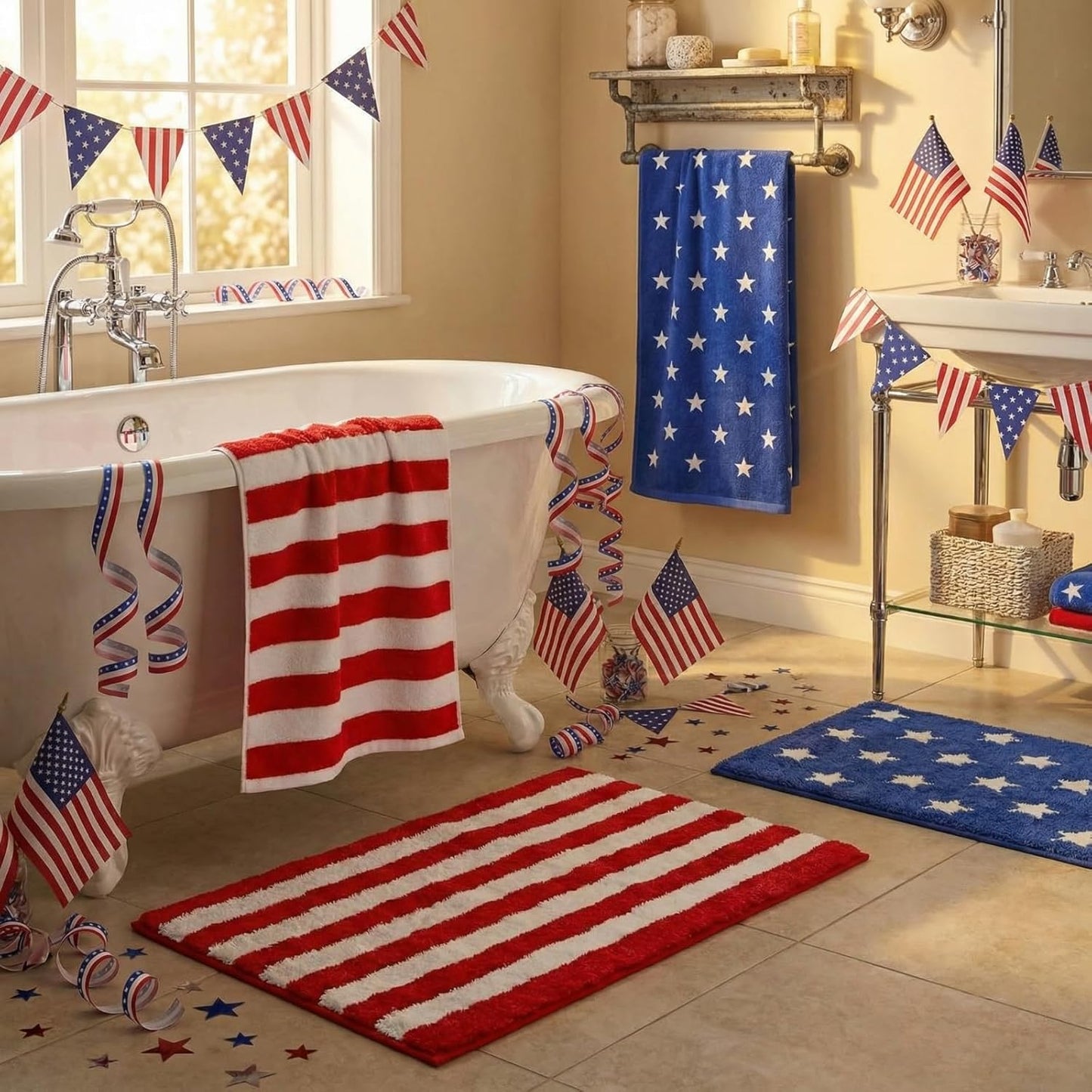Breling 4 Pcs 4th of July Bathroom Rugs and Towels 250th Anniversary Red and White Striped Rugs and Towels Patriotic Non Slip Soft Absorbent Bath Mats for Independence Day Bathroom Home Decoration