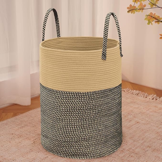 Large Woven Laundry Basket Hamper, 80L Cotton Rope Storage Bin by JMvicyroam