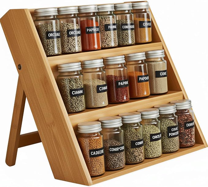 Bamboo Spice Rack Organizer for Kitchen Counter, 3 Tier Foldable Spice Shelf by FoverOne