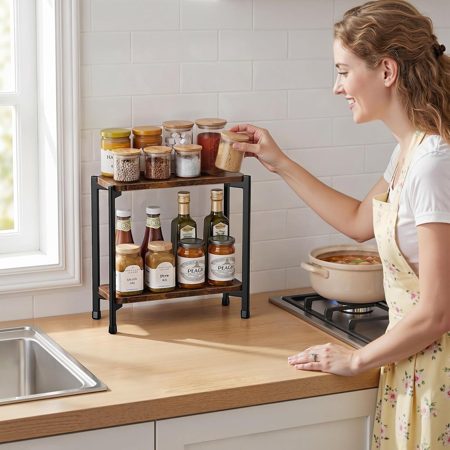 pickpiff 2 Tier Spice Rack Organizer for Kitchen Countertop, Wood and Metal Seasoning Shelf, Space-Saving Spice Organizer for Kitchen Counter, Coffee Bar and Dining Table, Brown