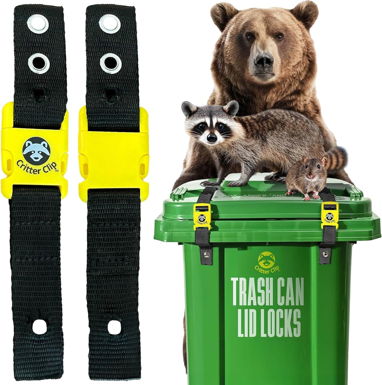 Critter Clip The Original Trash Can Locks for Animals – Heavy Duty Bear Proof Garbage Can Lid Lock Straps with Buckles for Outdoor Garbage Bin, Raccoon Deterrent, Quick Setup in Securing Bins - 2PCS