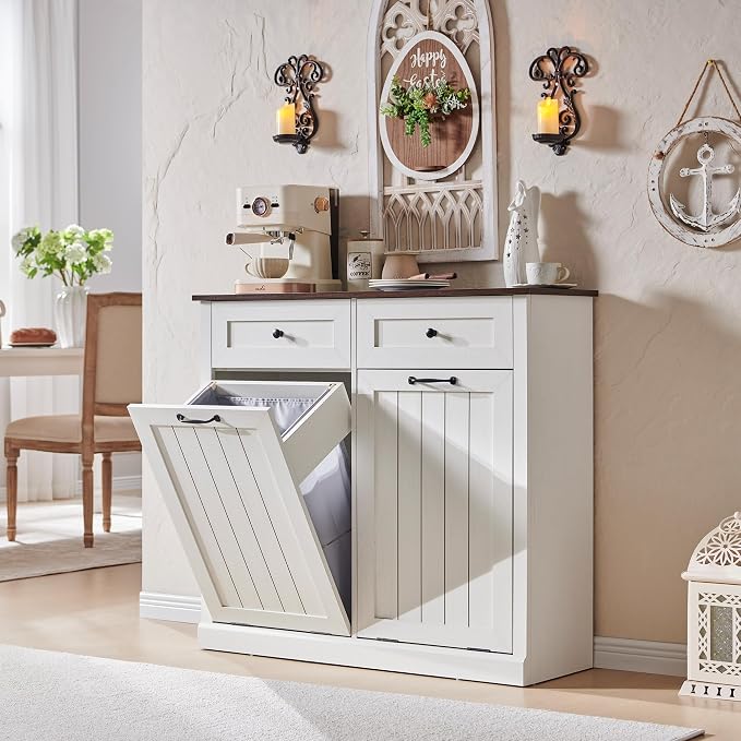 Double Tilt Out Laundry Hamper Cabinet, 20 Gallon Farmhouse Trash Can Cabinet - Image 6