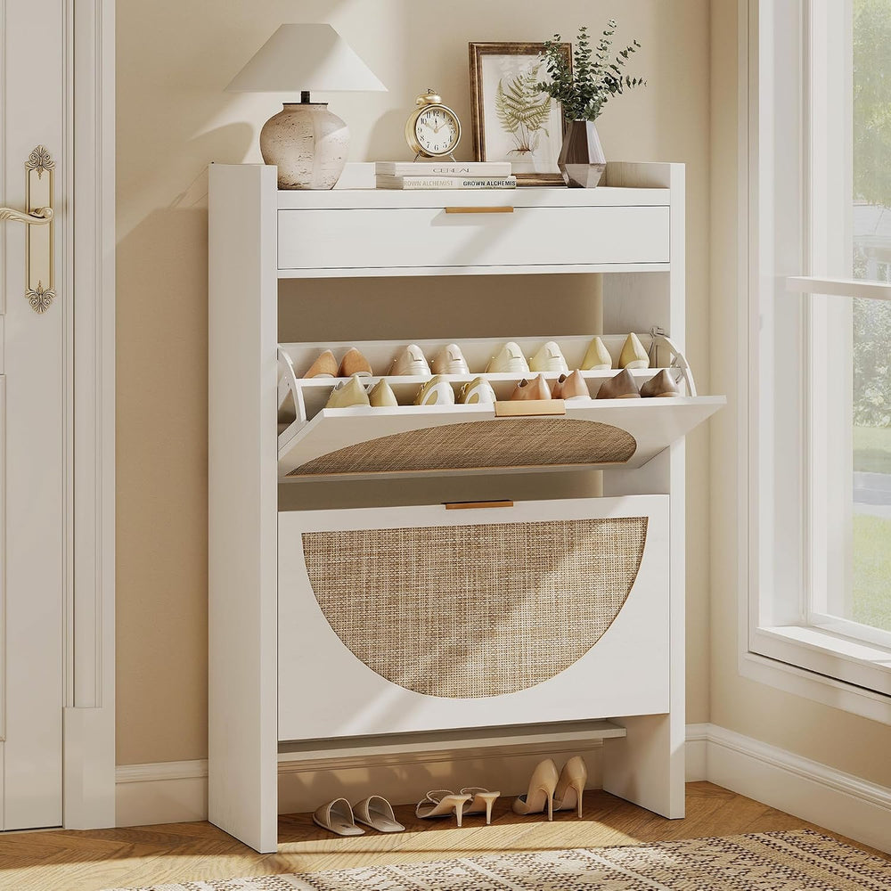 Quikraen Rattan Shoe Cabinet with 3 Drawers (2 Flip + 1 Slide), 31.5" Wi...