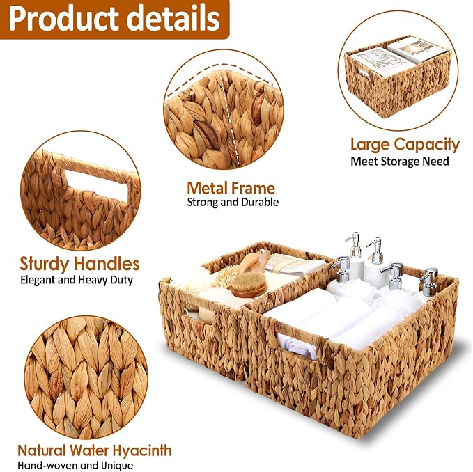 Wicker Baskets 2 Pack, Water Hyacinth Rectangular Storage Basket - Image 3