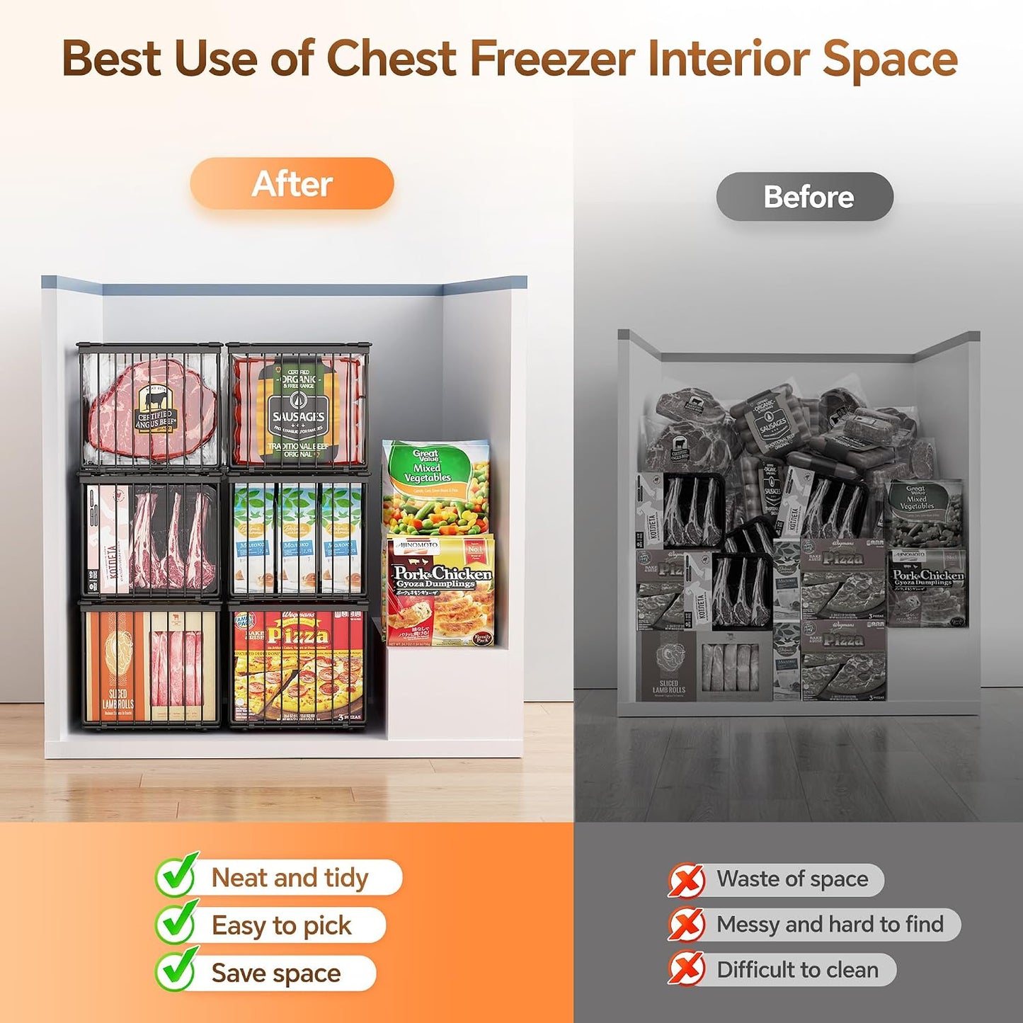 Freezer Organizer Bins, 3 Pack Enlarged Baskets for 5-9 Cu.FT Deep Freezer | Stackable Chest Freezer Organizer Bins, Foldable with Handles, Black Storage Container Baskets for Sort Frozen Meats