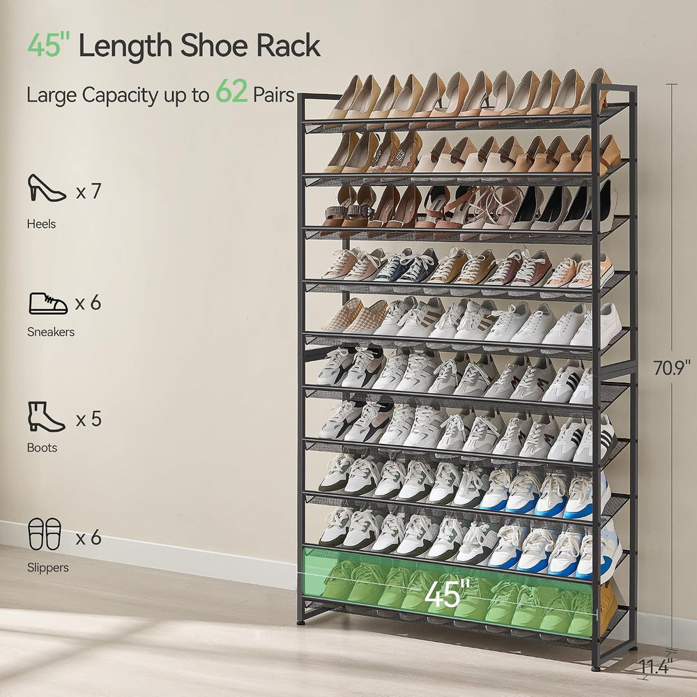 Nunsino Shoe Rack, Long Shoe Organizer,Max Holds 62 Pairs,10 Tier Metal Shoe ...