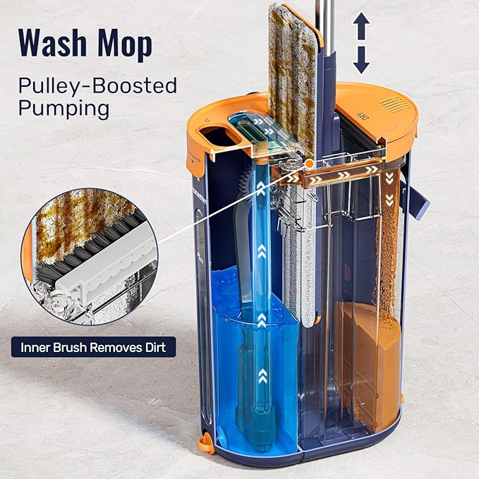 Mop and Bucket Set with Wringer, 3-Tank Flat Mop and Bucket System, Wall Mop - Image 3