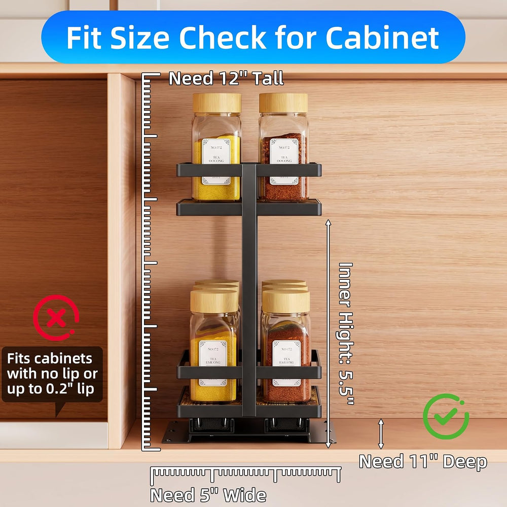Pull Out Spice Rack 2Pcs Metal & Wood Seasoning Organizer Black