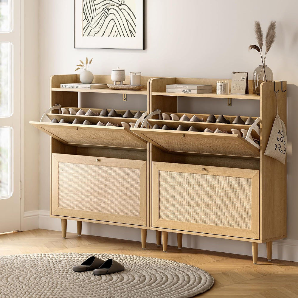 Rattan Shoe Storage Cabinet with 2 Flip Drawers, Farmhouse Freestanding Organ...