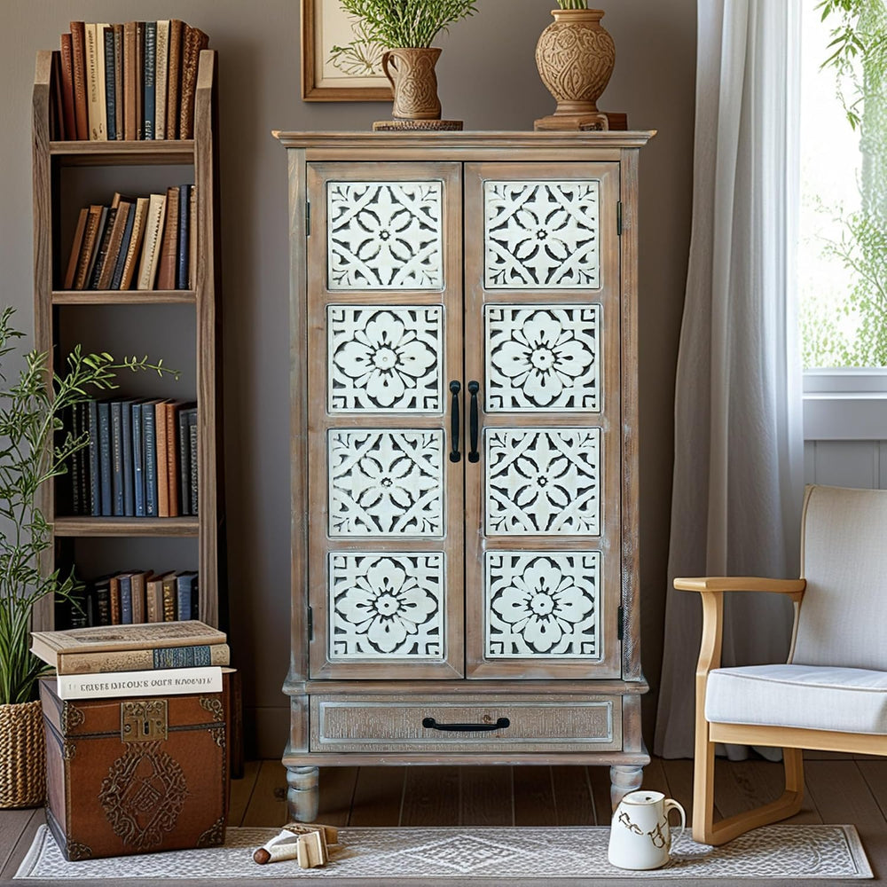 French Country Side Cabinet - Vintage 2 Door Wood Cabinet with Storage, Accen...