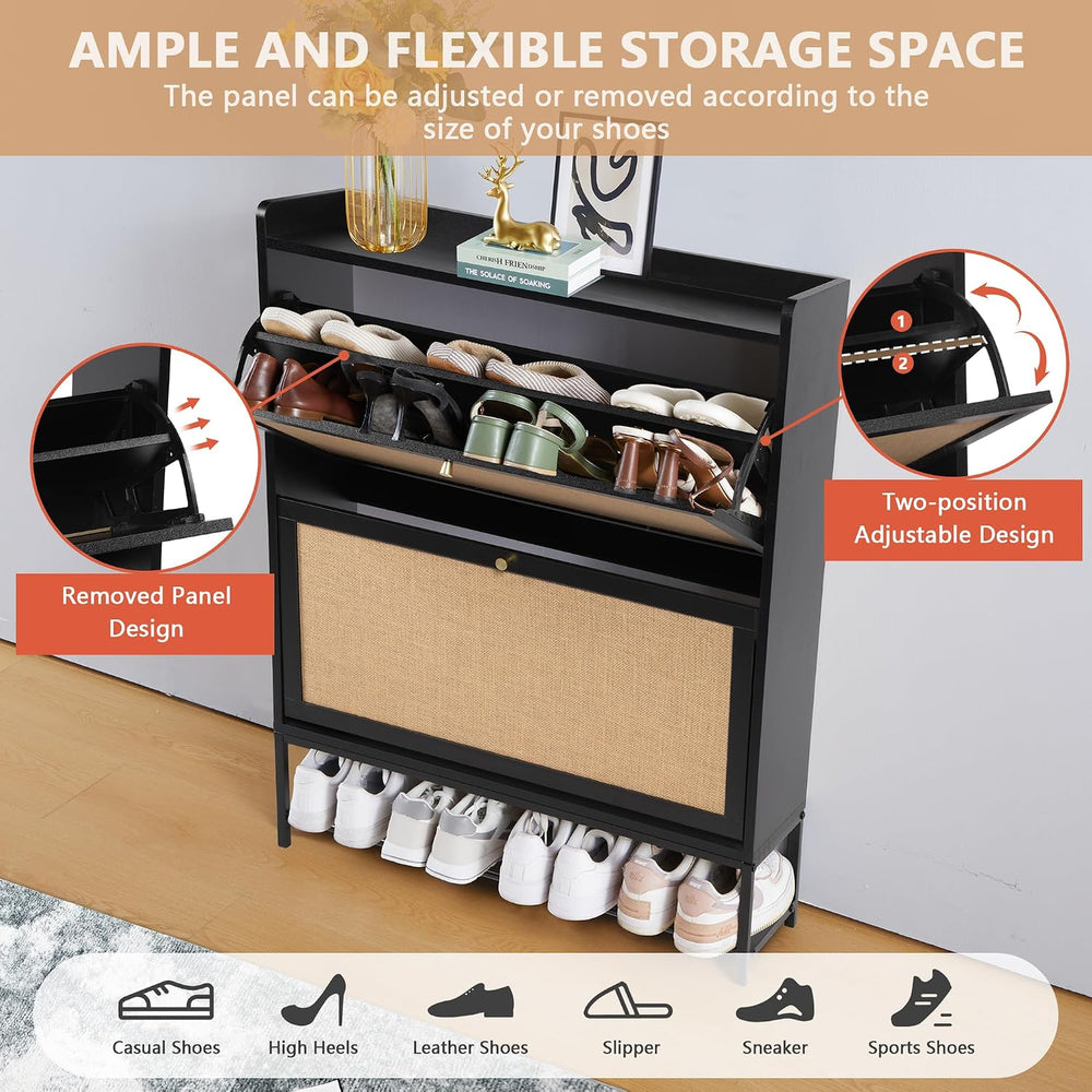 LEVNARY Shoe Storage Cabinet with 2 Flip Drawers, Wooden Narrow Shoe Cabinet ...