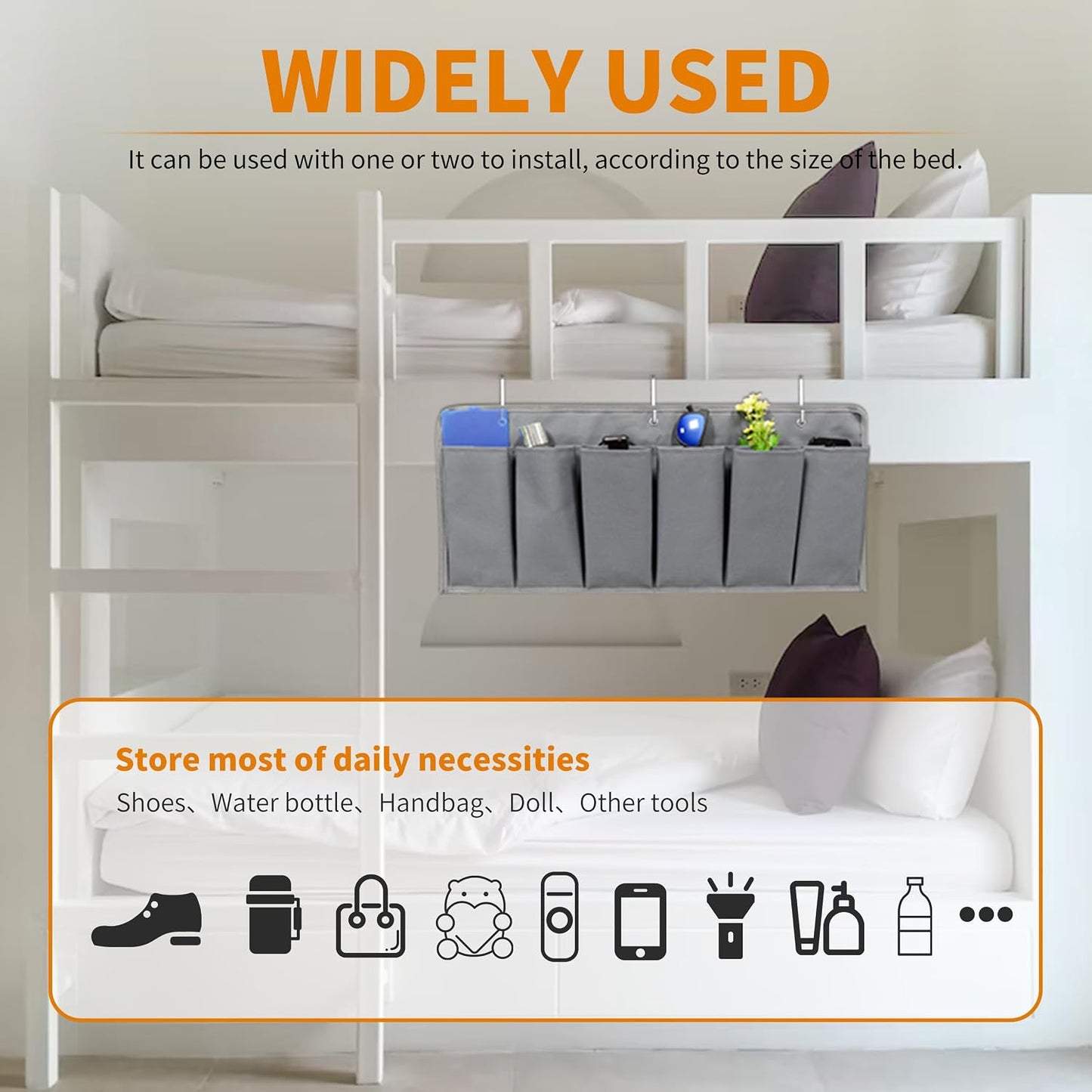 RVZONE 6‑Large‑Pocket RV Bedside Hanging Organizer with Sturdy Hooks | 6‑Pocket RV Bedside Hanging Organizer, oxford cloth, high load‑bearing, dual‑installation for shoes tools storage