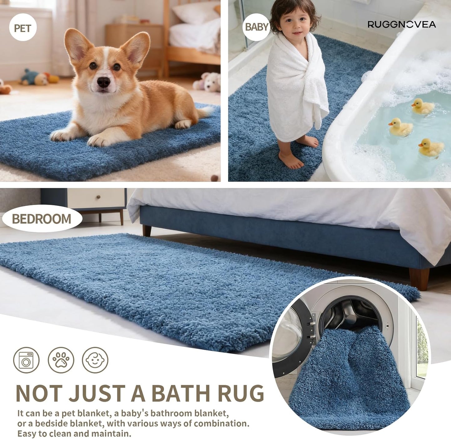 Bathroom Rugs Non Slip Washable, Ultra Thick Soft Microfiber Absorbent Bath Mats, High Density Foam Latex Non Slip Backing Bath Rugs, Fluffy Floor Carpet for Tub&Shower 24x17, Blue