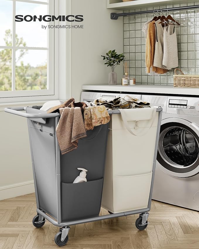 SONGMICS Laundry Basket with Wheels, 50.2 Gallons, 2-Section Rolling Laundry - Image 2