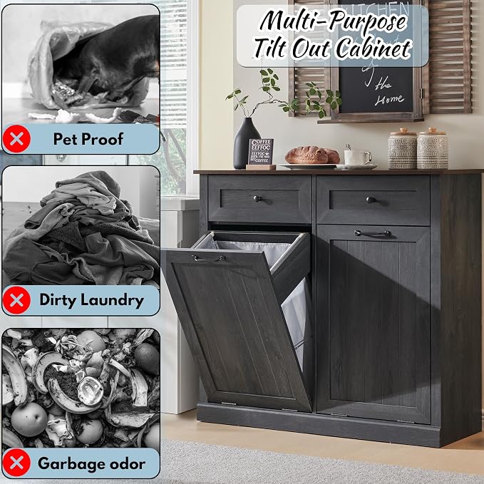 Double Tilt Out Laundry Hamper Cabinet, 20 Gallon Farmhouse Trash Can Cabinet - Image 4