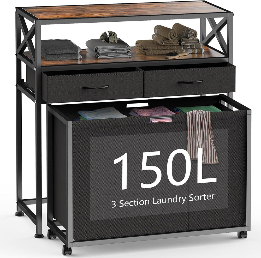 150L Laundry Sorter Hamper 3 Section with 2 Shelves & 2 Drawers