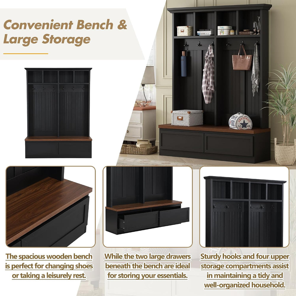 4-in-1 Hall Tree with Wood Grain Bench, Entryway Shoe Storage Organizer with ...