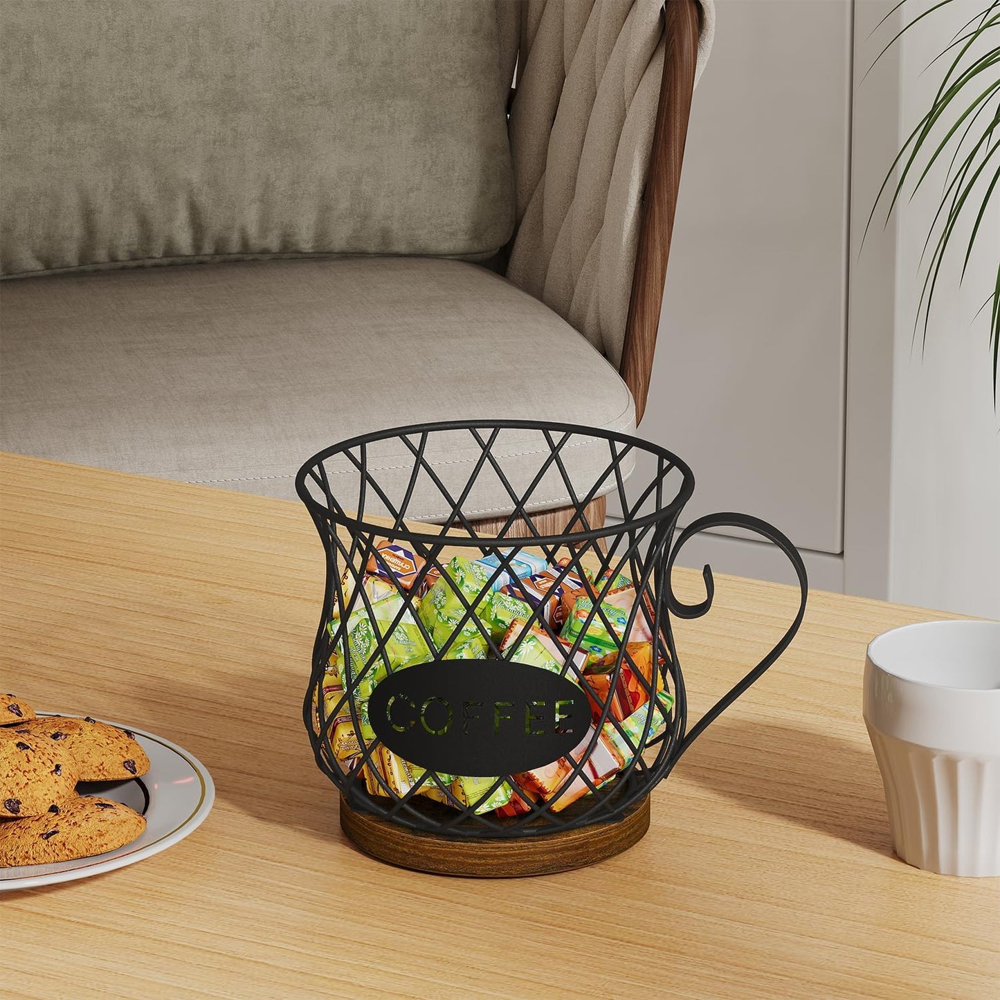 YINMIT K Cup Holder Organizer, Rustic Coffee Pod Holder Organizer, 35 Kcup Holder for Counter with Handle，Large Capacity Black Wire Coffee Capsule Basket for Kitchen Office Desktop (Circular Grid)