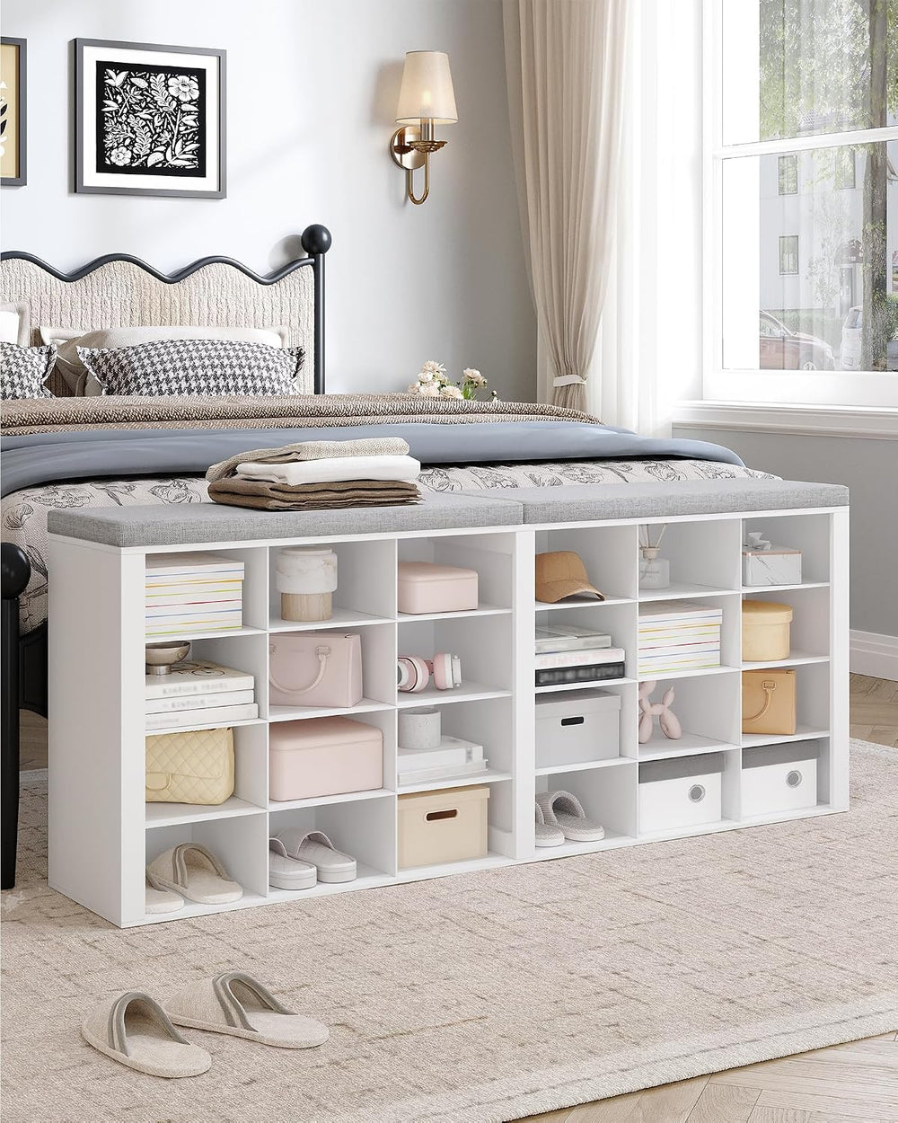 Hzuaneri Shoe Storage Bench with Cushion, Storage Bench with 24 Cubbies