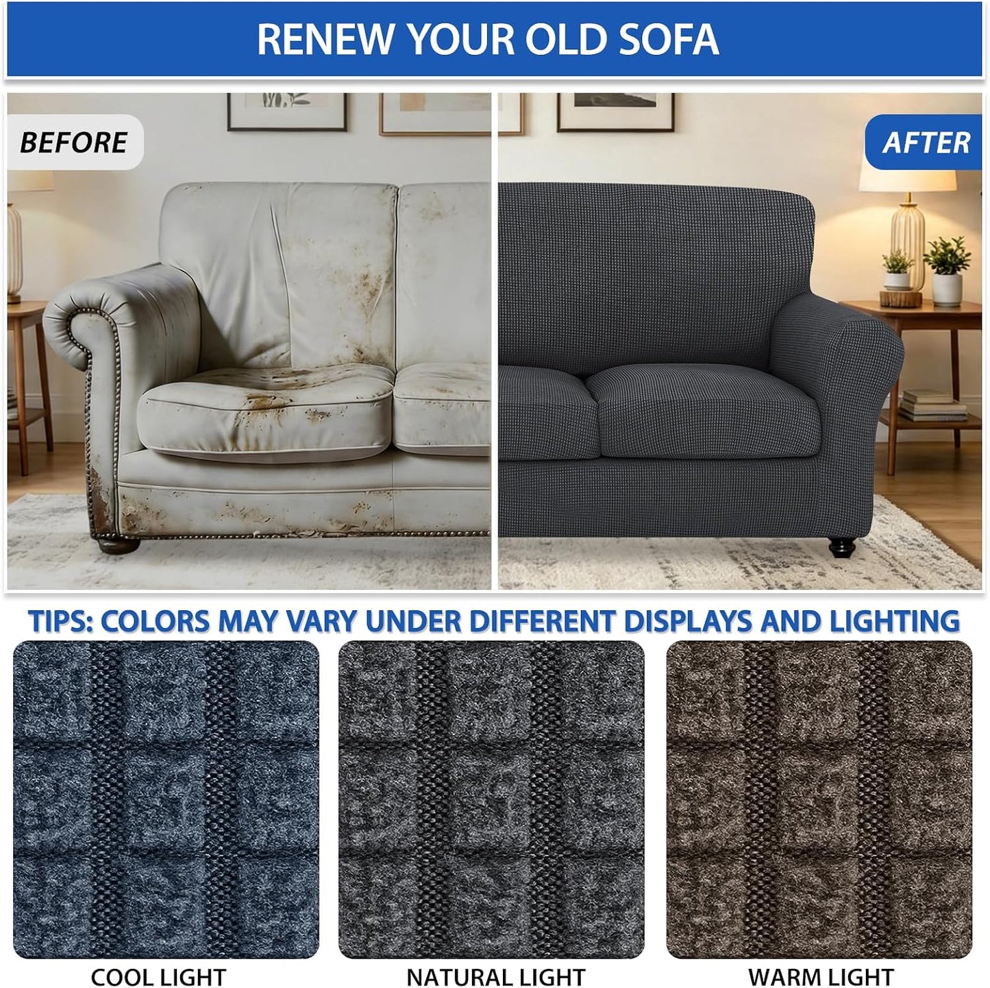 ZNSAYOTX 4 Piece Sofa Covers for 3 Cushion Couch, Super Soft Couch Slipcovers with Seat Cushion Cover Thick Durable, Spandex Blend High Stretch & Bottom Ties Furniture Sofa, Dark Grey