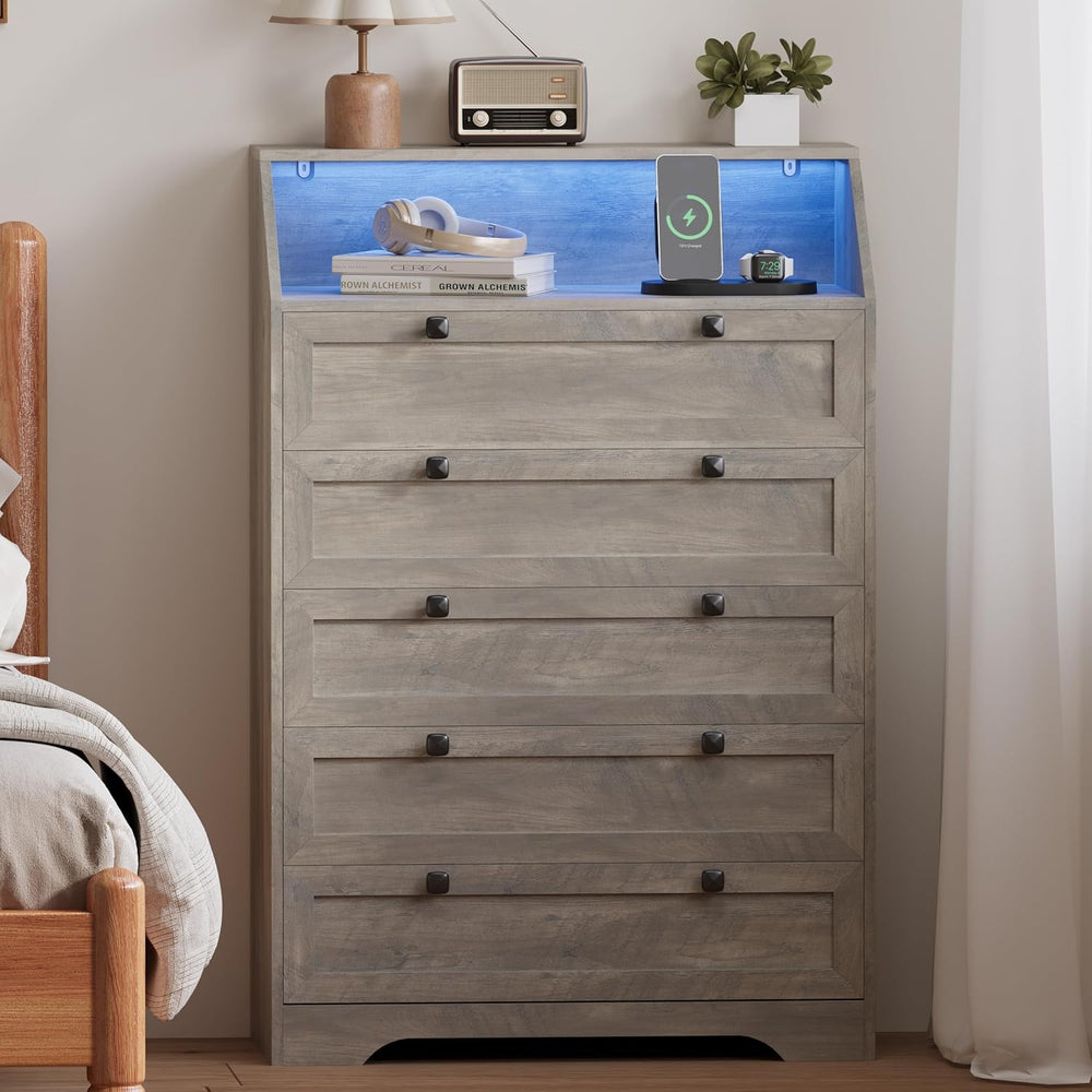 Wodeer Grey Dresser Tall 5 Drawer Dresser for Bedroom, Wood Chest of Drawers ...