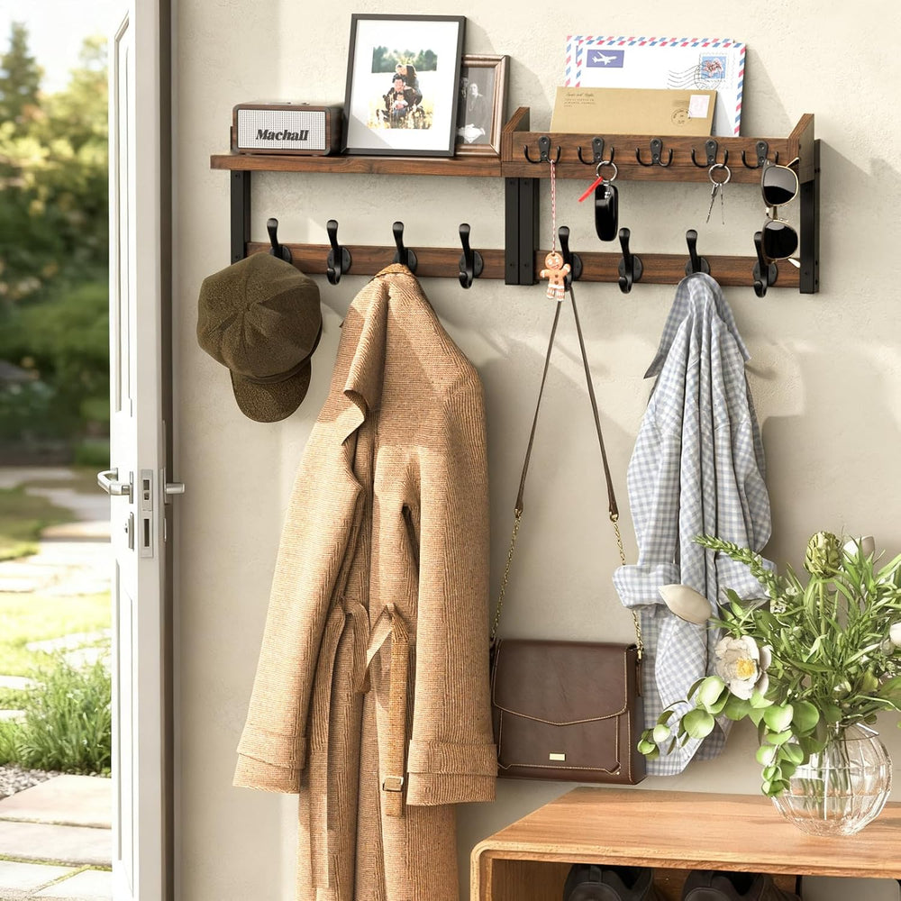 35'' Long Rustic Coat Rack Wall Mount with Shelf, Solid Wood Coat and...